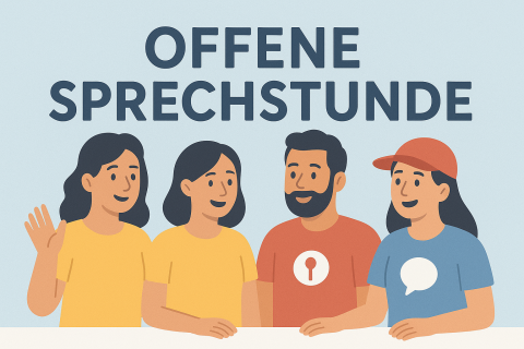 KI-generiertes Bild einer Gruppe von Menschen mit dem Schriftzug "offene Sprechstunde"